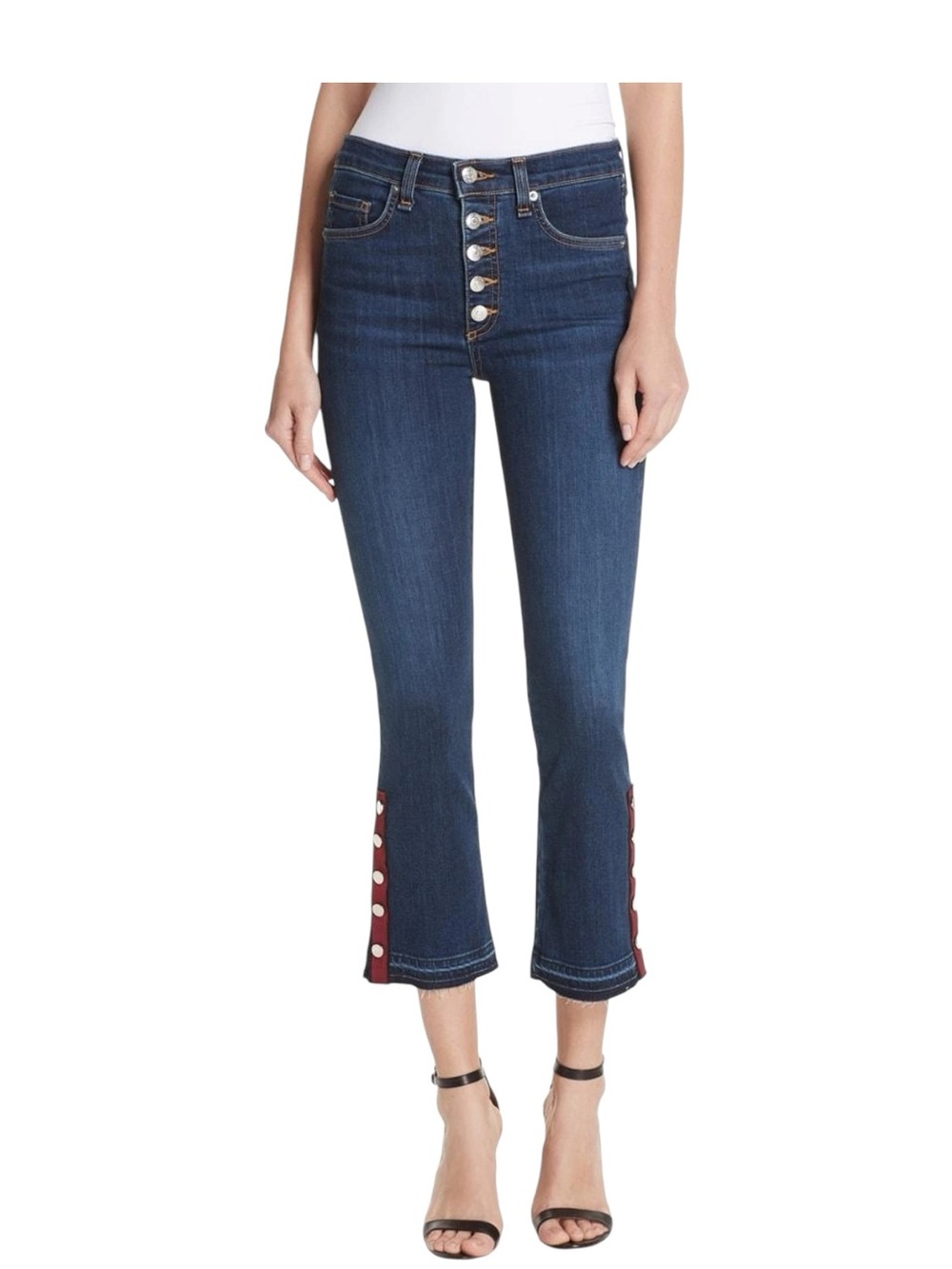 Veronica Beard Jeans Women 27 Carolyn Cropped Flare Dark Wash Red Stripe Cuffs